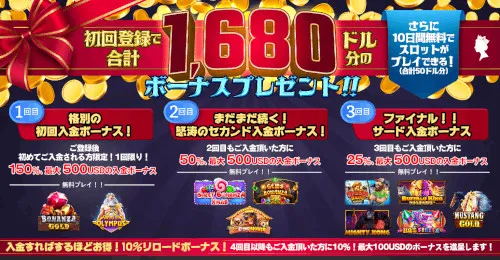 クイーンカジノ初回登録ボーナス最大1,680ドル